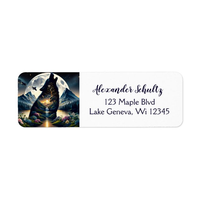 Etiqueta Lobo Místico Howling na Lua Surreal Personalizado (Frente)