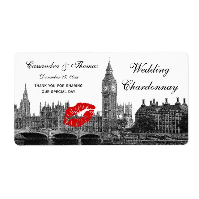 Etiqueta Londres Inglaterra Skyline Kiss #1 BW H Wine Label (Frente)