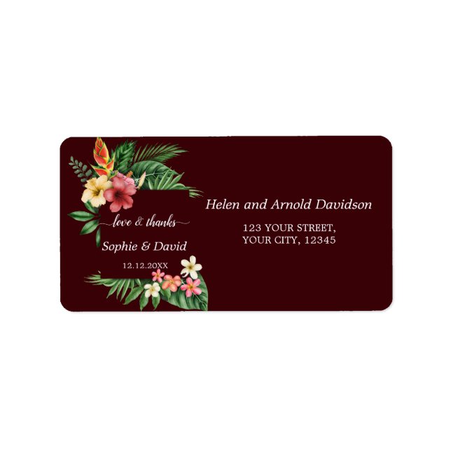 Etiqueta Lush Tropical Garden Flowers Deep Burgundy Wedding (Frente)