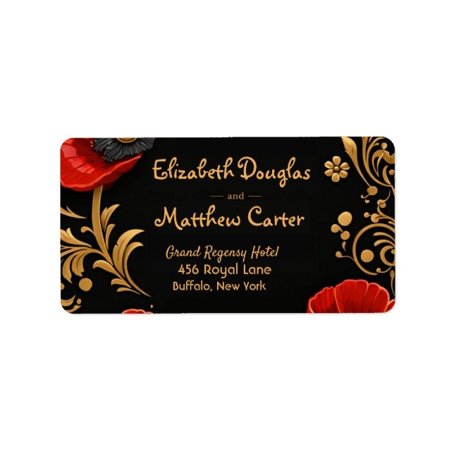 Etiqueta Luxury Black Red and Gold Floral Wedding  (Frente)