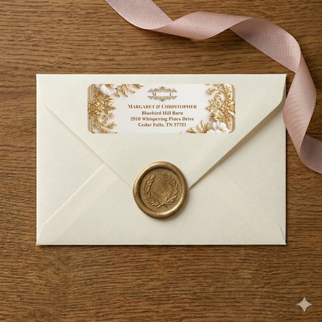 Etiqueta Luxury Gold Ornate Baroque Gilded Monogram Wedding (Luxury Gold Ornate Baroque Gilded Monogram Wedding Label)