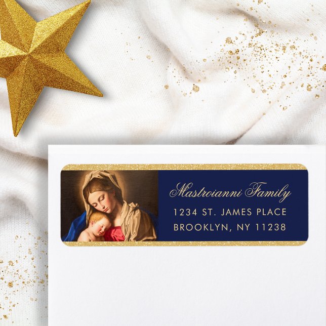 Etiqueta Madonna Religiosa e Morada de Natal Infantil (Religious Christmas address label in midnight blue and gold with the Madonna and Child for Catholics)