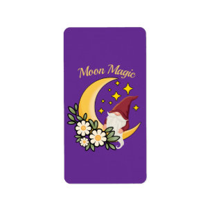 Etiqueta Magia Lunar Gnomo Fofo no Crescente Floral Ilustra