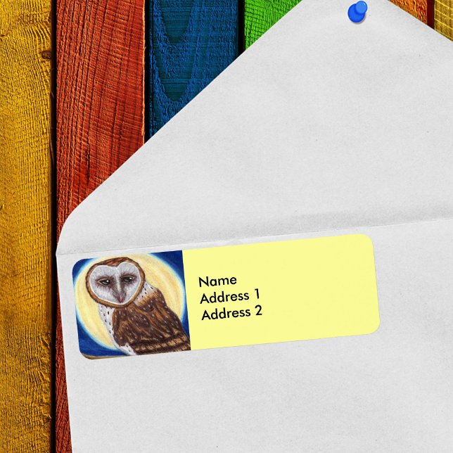 Etiqueta Majestoso Brown Spotted Owl Moon (Brown and white owl in blue night sky in front of moon on yellow return address labels.)