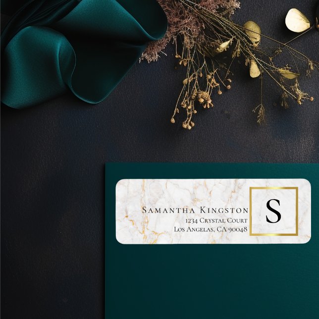 Etiqueta Marble branco e Dourado | Endereço de devolução do (Criador carregado)