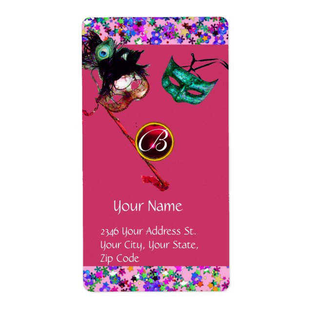 Etiqueta MARDI GRAS MASCARADA Confetti gem red burgundy (Frente)