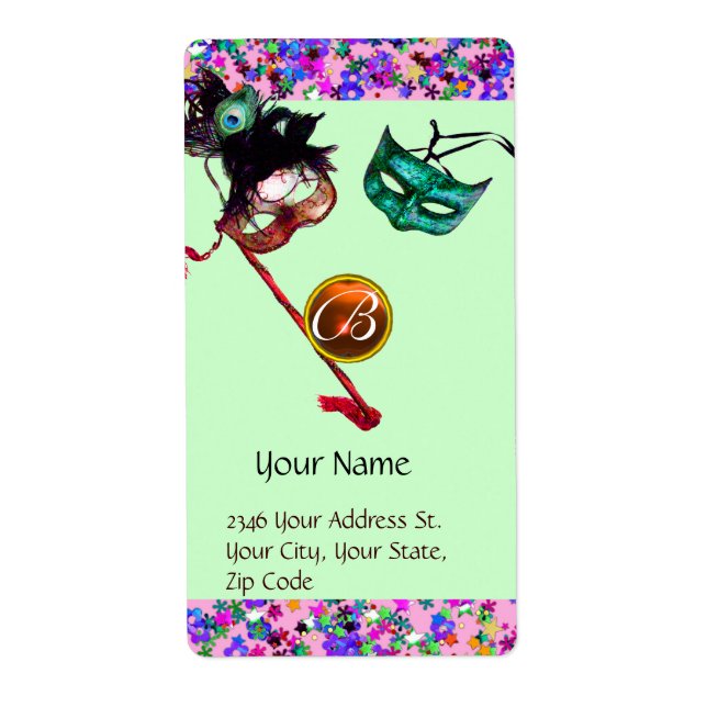 Etiqueta MARDI GRAS MASQUERADE Confetti gem monogram (Frente)