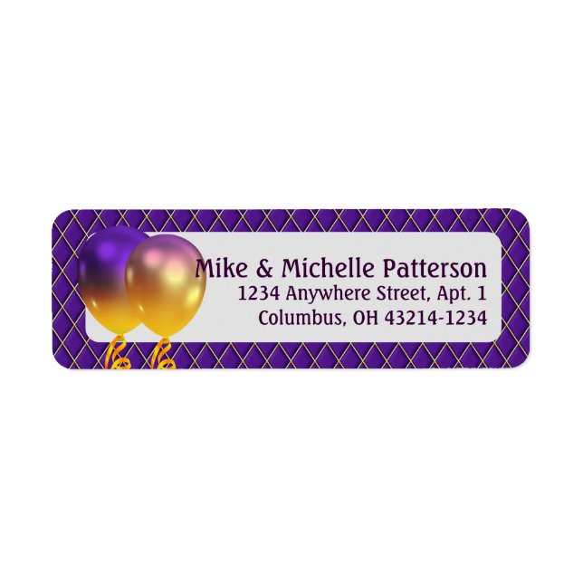 Etiqueta Mardi Gras Party Balloons & Purple Argyle (Frente)