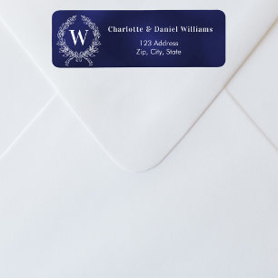 Etiqueta Marinho azul branco monograma wath back address