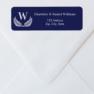 Etiqueta Marinho azul branco wreath monograma endereço de r