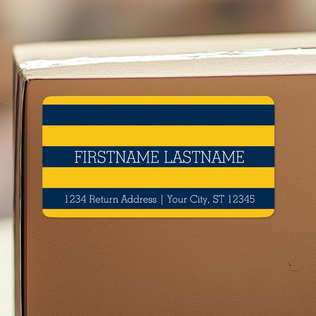 Etiqueta Marinho Azul e Amarelo Râguebi - Riscas Nome Perso (Custom Shipping Label with Return Address)