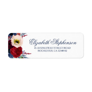 Etiqueta Marinho Azul e Borgonha Vermelho Floral Moderno Ch