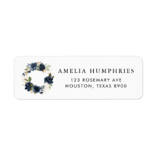 Etiqueta Marinho Blue Watercolor Floral Wreath Dourado Ende