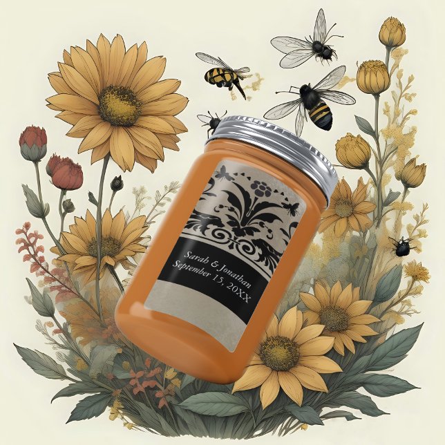 Etiqueta Marrom Bumble Bee Damask Salvar Data (Criador carregado)