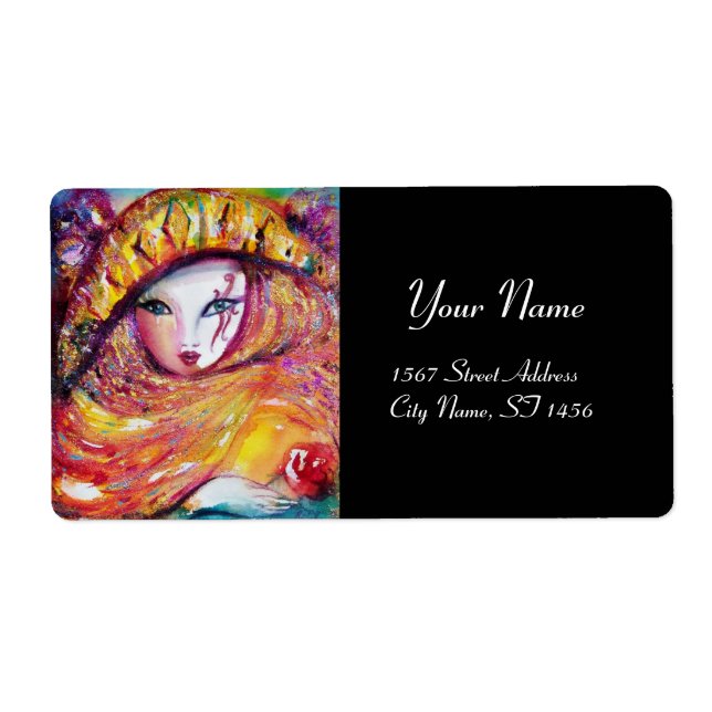 Etiqueta MÁSCARA CARNIVAL AMARELO COM ROSA VERMELHA, Preto (Frente)