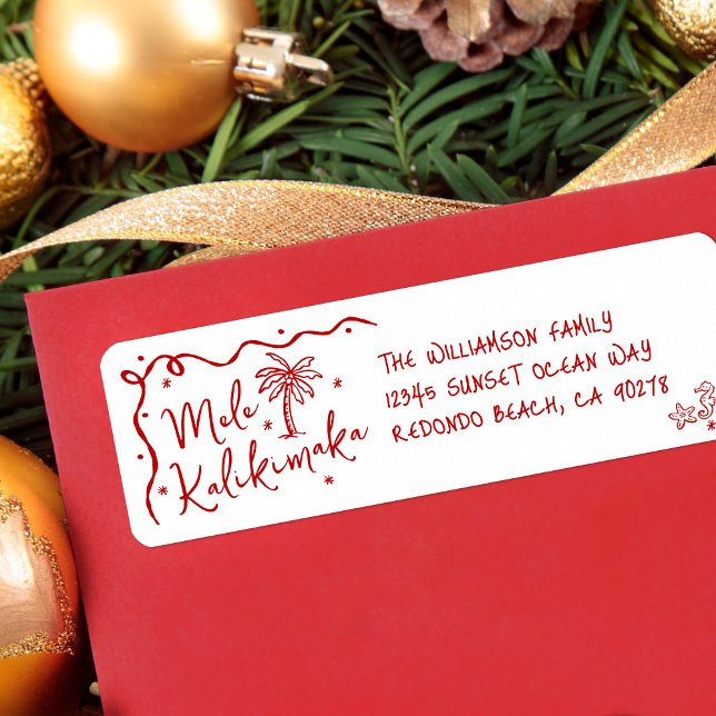 Etiqueta Mele Kalikimaka Red Hand Drawn Christmas Address (Criador carregado)