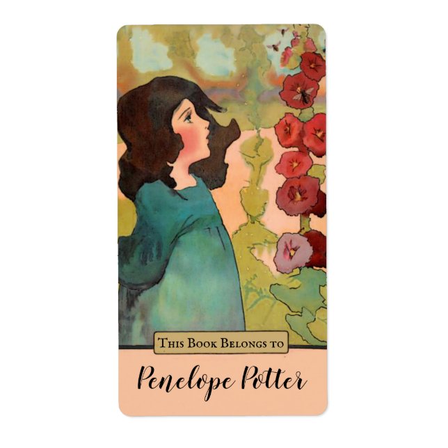Etiqueta Menina bonito com Hollyhocks e Abelhas Bookplate (Frente)