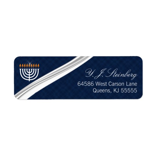 Etiqueta Menorah branco moderno e Hanukkah azul