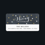 Etiqueta Meowy Christmas Chalkboard Cat Holiday Address<br><div class="desc">Esta bonita etiqueta de "natal meowy" de natal de natal apresenta padrões de estrelas douradas falsas e de rosto de gato branco sobre um fundo preto de quadro negro. Personalize para suas necessidades. Você pode encontrar mais produtos correspondentes na minha loja.</div>