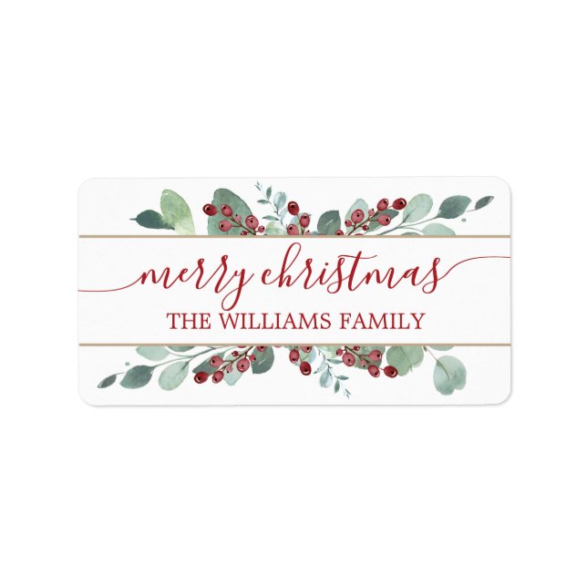 Etiqueta Merry Christmas Greenery CranBerries Rótulo Dourad (Frente)