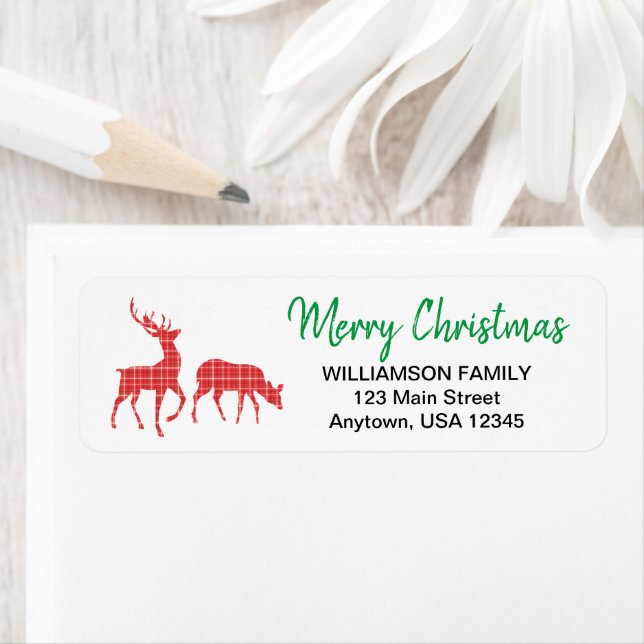 Etiqueta Merry Christmas Reindeer Red Xadrez Patterno (Insitu)