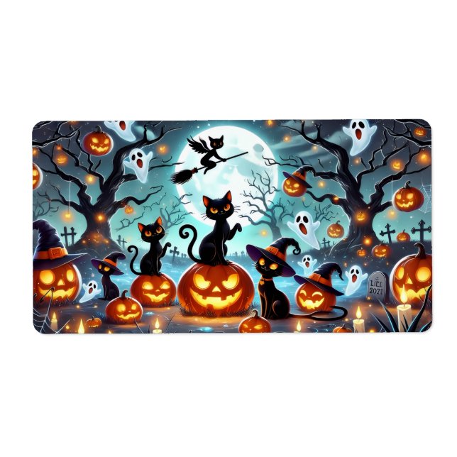 Etiqueta Midnight Magic: Black Cats & Pumpkins Halloween  (Frente)