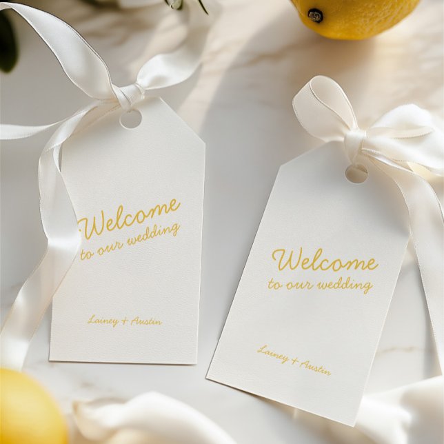 Etiqueta Mínima de Presente de Casamento Amarelo R (Minimalist Retro Yellow Wedding Gift Tag)