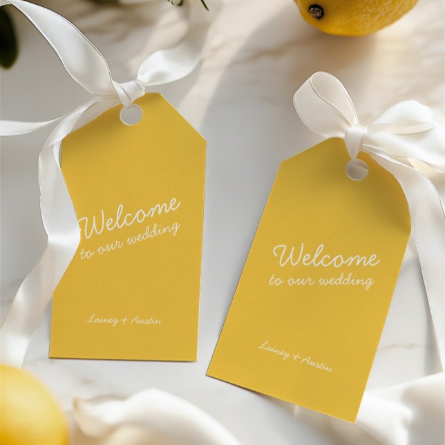 Etiqueta Mínima de Presente de Casamento Amarelo R (Minimalist Retro Yellow Wedding Gift Tag)