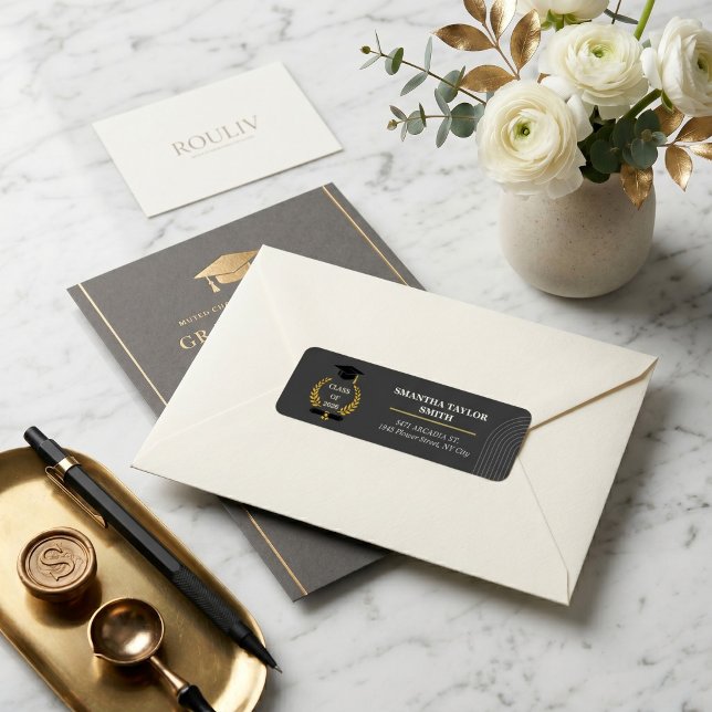 Etiqueta Minimalist Arch | ROULIV Muted Charcoa Graduation  (Modern Minimalist Graduation Return Address Label
)