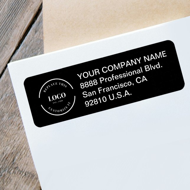 Etiqueta Minimalist Modern Black Custom Business Logo (Custom black return address label with business logo and address.)