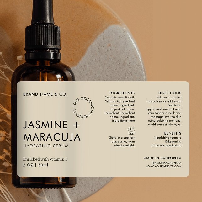 Etiqueta Minimalist Modern Organic Cosmetic Dropper Bottle (Modern 2 OZ* cosmetic bottle wrap around label with fully editable text and colors *verify size)