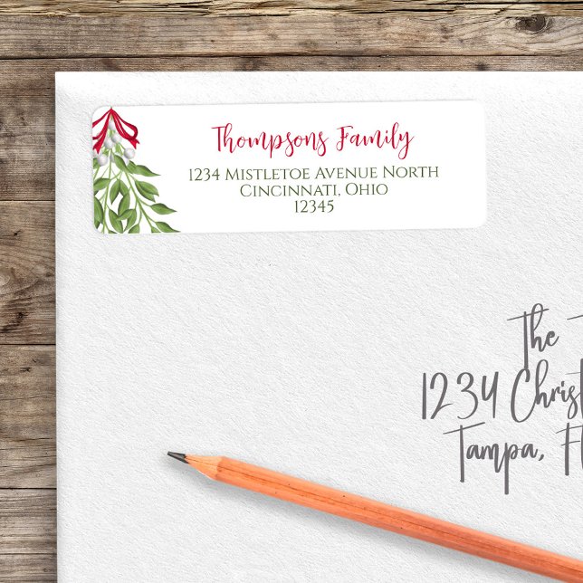 Etiqueta Mistura de Feliz de Água de Natal Greenery (Christmas holiday merry mistletoe watercolor design return address label. )