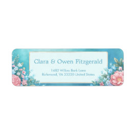 Etiqueta Misty Teal Pink Peony Gold Frame Wedding