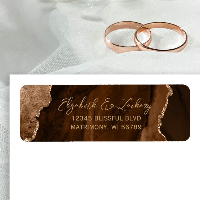 Etiqueta Mocha Brown Agate Script Wedding Return Address (Criador carregado)