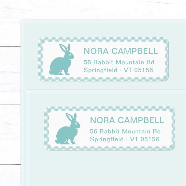 Etiqueta Modern Aqua Blue Rabbit Gingham Endereço de Devolu (Modern, cute aqua blue rabbit return address label with classic turquoise gingham checks background.)