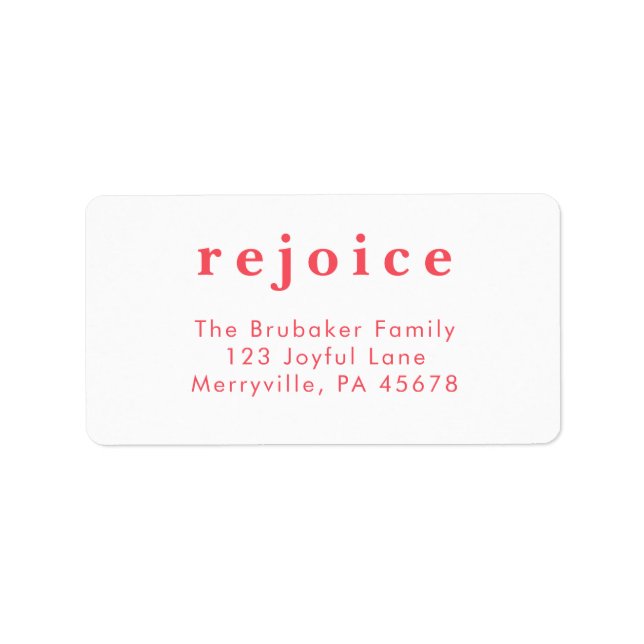 Etiqueta Modern Bright Red Rejoice Christmas Card Address (Frente)