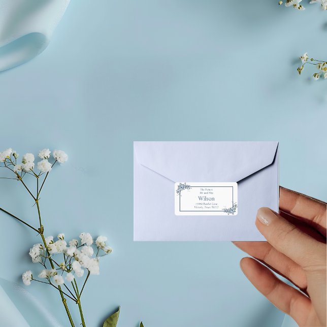 Etiqueta Modern Dusty Blue Floral Black Address (Criador carregado)