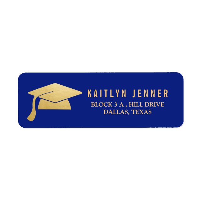 Etiqueta Modern Faux Gold Foil Graduação Marinho Azul (Frente)