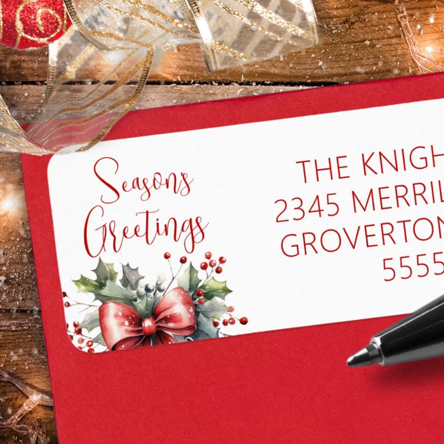 Etiqueta Modern Seasons Saudações Script Red Arco Holly (Criador carregado)
