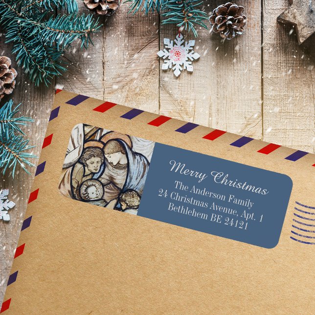 Etiqueta Moderno Blue Christian Feliz Natal Natividade (Modern Blue Religious Christian Catholic Merry Christmas Nativity Holiday Return Address Labels)