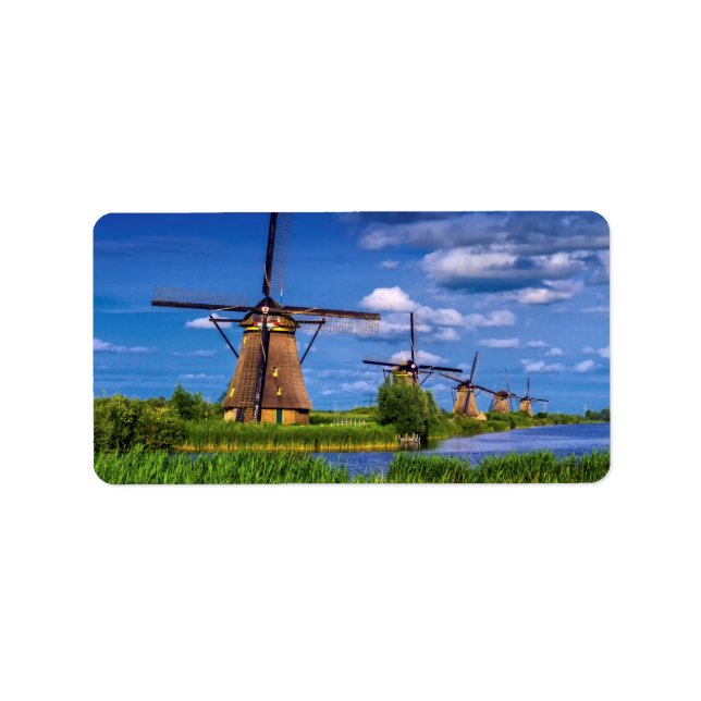 Etiqueta Moinhos de vento em Kinderdijk, Países Baixos (Frente)