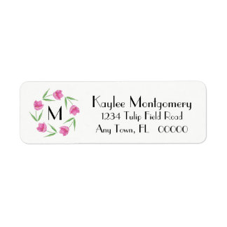 Etiqueta Moldagem inicial de tulipas de Aquarela Rosa