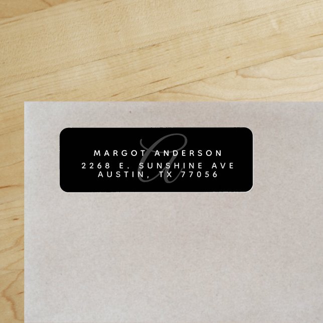 Etiqueta Monogoram Chic | Na moda preto | Endereço de devol ("Everyday is abundantly beautiful." 
Sincerely Best Wishes from Lucky Design World)