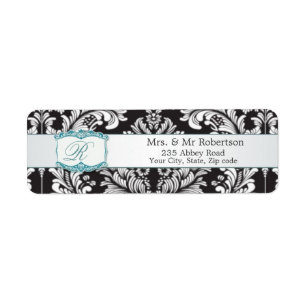 Etiqueta Monograma branco preto R do damasco que Wedding