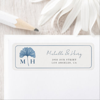 Etiqueta Monograma Casamento Azul Poeirento Aquarela Botâni