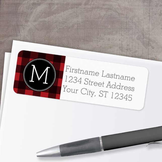 Etiqueta Monograma de Padrão de Xadrez de Buffalo Vermelho  (Custom Return Address Labels - Low Minimum)