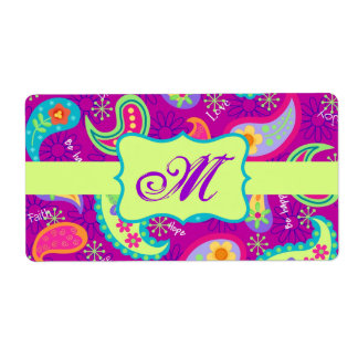 Etiqueta Monograma de Paisley Verde Roxo Magenta
