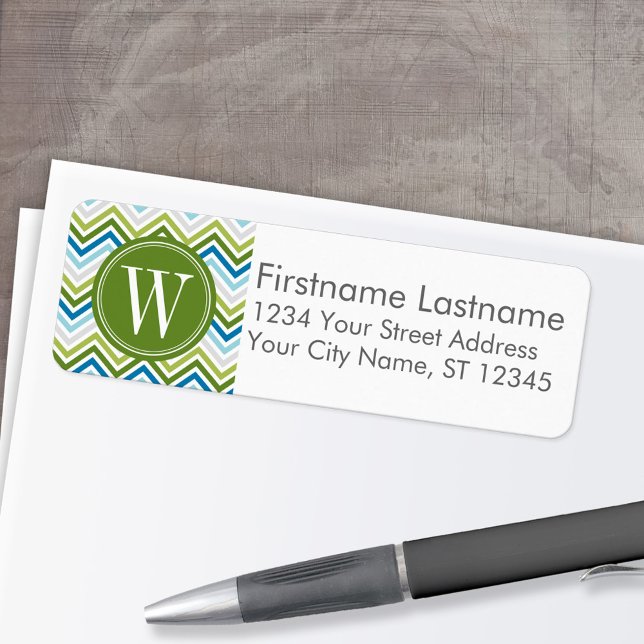 Etiqueta Monograma do padrão Chevron moderno Emerald & Teal (Custom Return Address Labels - Low Minimum)