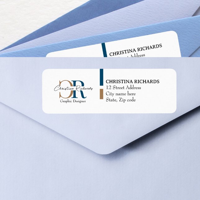 Etiqueta Monograma Dourado Azul Simples Moderno (Criador carregado)