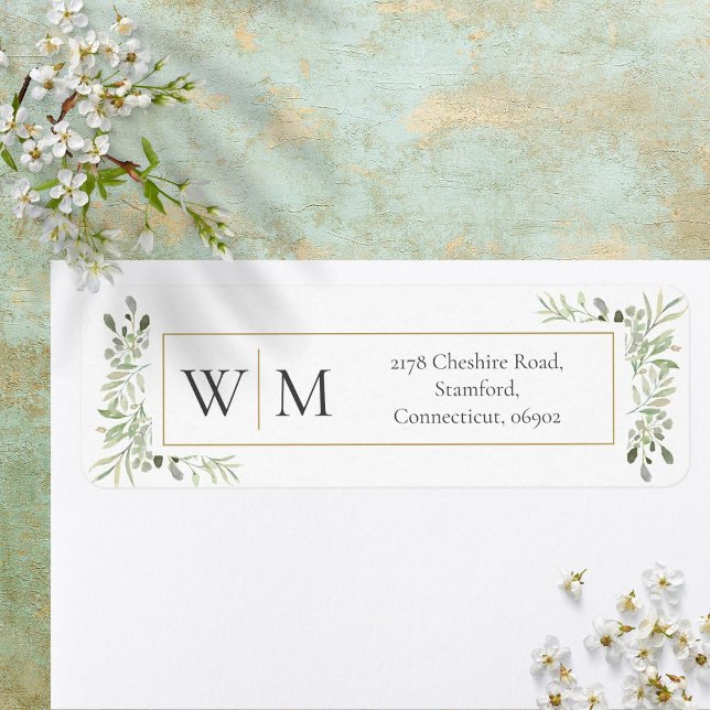 Etiqueta Monograma Folhagem de Água Verde Endereço (Monogram Greenery Watercolor Foliage Address Label)
